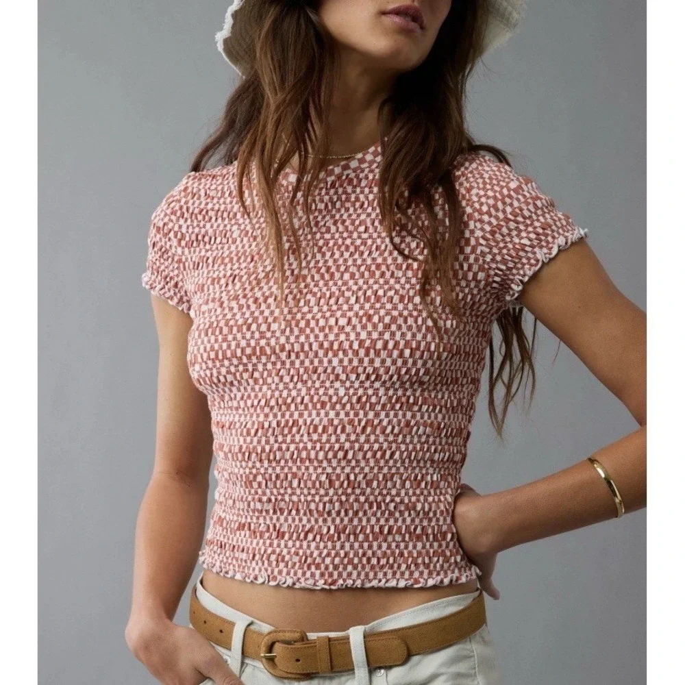 NWT American Eagle Smocked Baby Tee Women's Medium NEW Checkered 100% Cotton AE